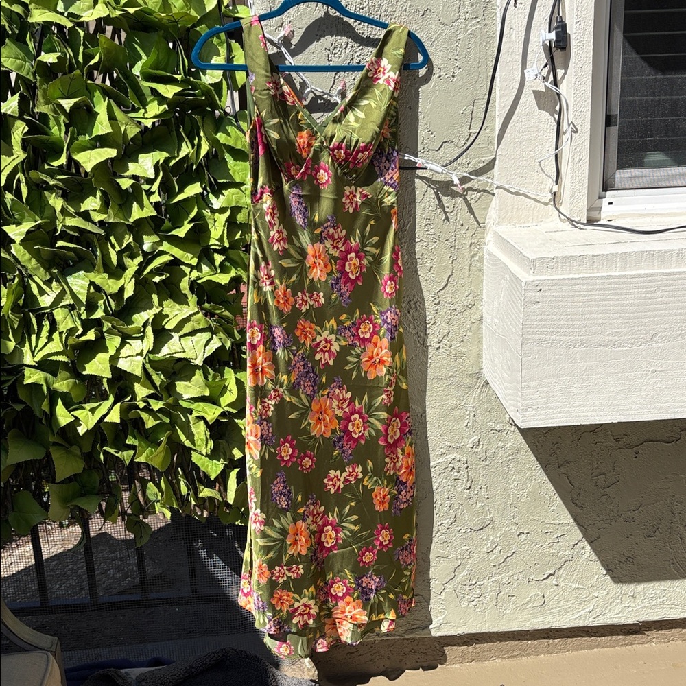Olive Green Floral Slip Dress - Women's Summer Sundress